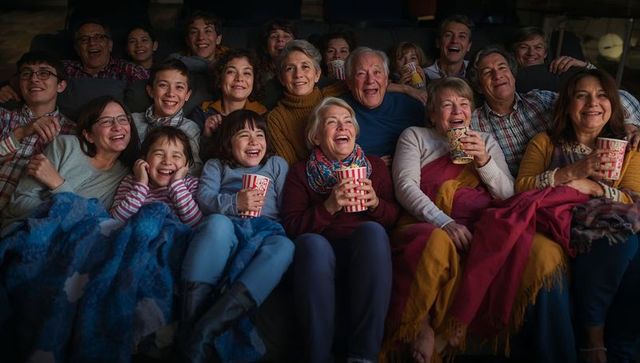 Multigenerational family watching movie together laughing and sharing popcorn on couch