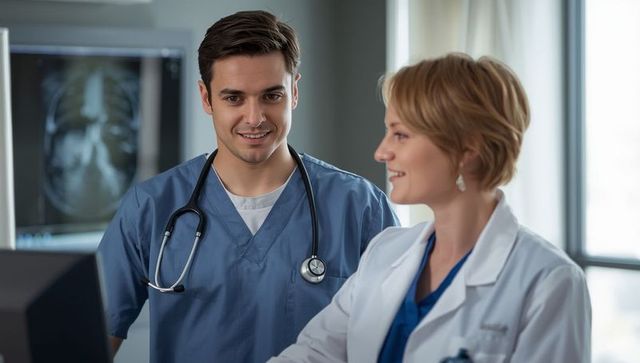 Hospital physicians analyzing medical data on a screen