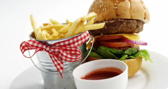 Delicious Cheeseburger with Fries and Ketchup - Download Free Stock Images Pikwizard.com