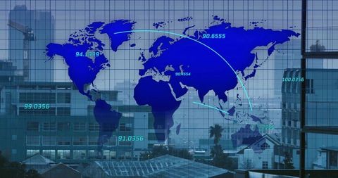 Digital World Map Overlaid on Urban Cityscape with Data Graphics