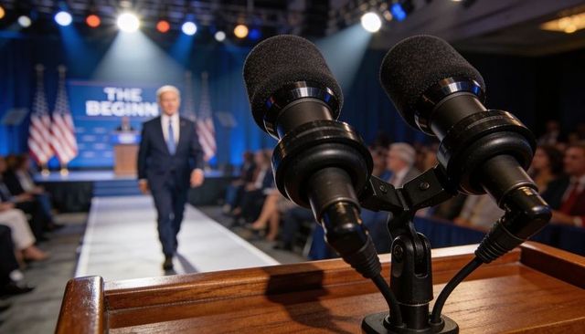 Foam microphones on wooden podium with speaker walking toward stage at campaign event