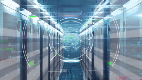 Futuristic Digital Interface Server Room with Holographic Elements