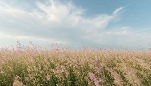 Swaying lavender-tipped grass meadow under blue sky with wispy cirrus clouds, golden light