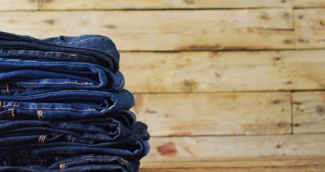 Stacked denim jeans placed against a wooden background, showing neat organization and various shades of blue. Ideal for use in fashion retail advertisements, organization or minimalist style articles, and casual wear promotional materials.