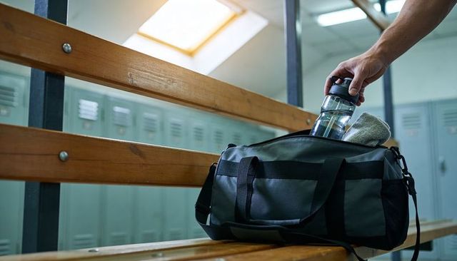 Placing water bottle into gym duffel on locker room bench under skylight