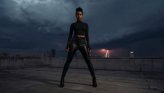 Confident female model standing on rooftop amid lightning storm wearing leather pants