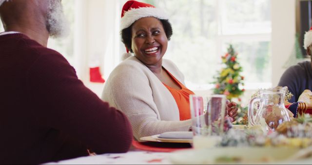 Happy Senior Woman in Santa Hat Enjoying Christmas Celebration - Download Free Stock Images Pikwizard.com