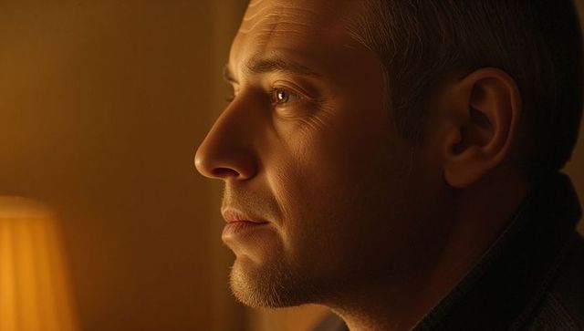 Middle-aged man gazing in warm lamp light, profile portrait