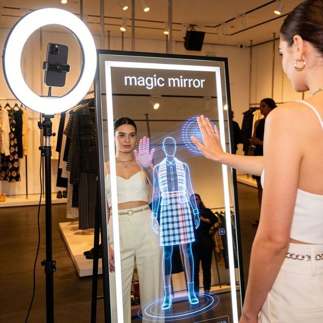 Woman interacting with magic mirror and holographic fitting in boutique retail experience