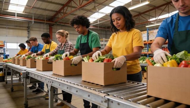 Diverse warehouse team packing fresh vegetables into cardboard boxes on fast conveyor line