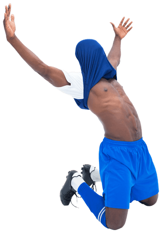 Football Player Celebrating Goal with Shirt Overhead on Transparent Background