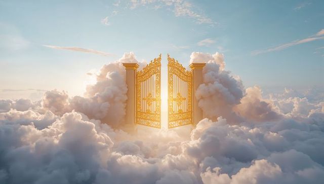 Ornate golden gates opening above clouds, radiant sunlight beaming through ethereal sky