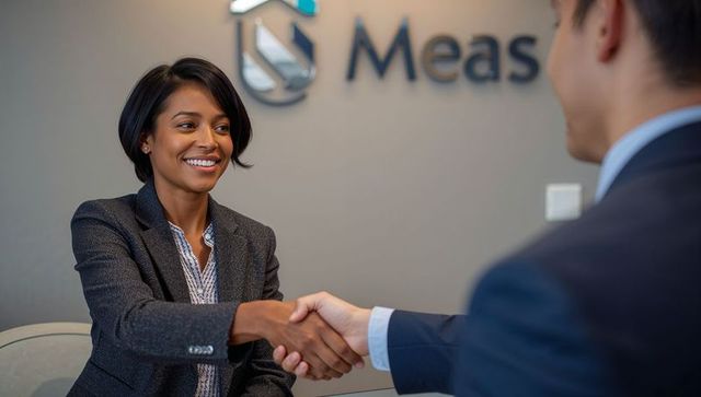 Businesswoman handshake in a modern office with corporate logo in background