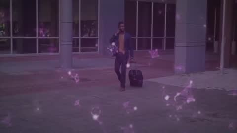Businessman Walking with Luggage and Holographic Data Effects