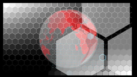 Digital Hexagonal Overlay with Red Globe on Black Background