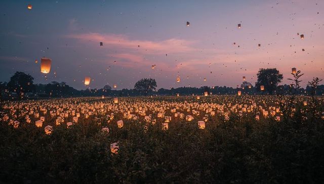 Enchanting Sky and Ground Lanterns Illuminating Dusk Meadow