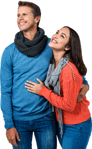 Smiling Happy Couple Looking Away, Wearing Autumn Clothes, Transparent Background