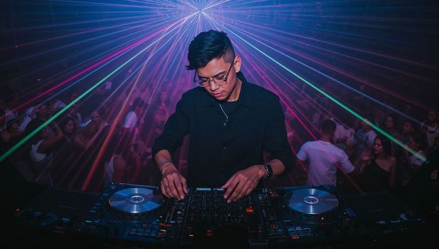 Asian dj spinning and mixing on turntables under neon laser show at packed nightclub