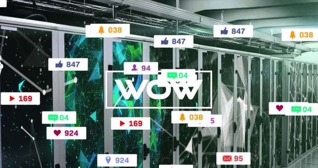 Dynamic illustration captures digital interactions visualized as likes and comments above data servers, symbolizing the interconnected nature of online platforms and social media. Ideal for use in presentations, articles about technology impact on communication, or material emphasizing digital transformation and connectivity.