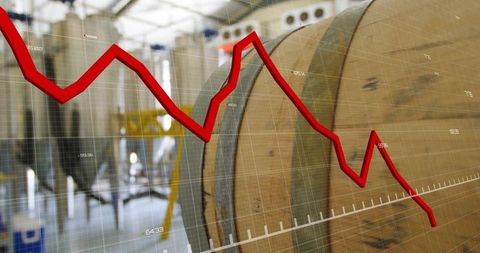 Declining red graph over winery barrels and steel tanks symbolizing production shift
