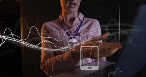 Digital Innovators Analyzing Data with Virtual Interface Graphics