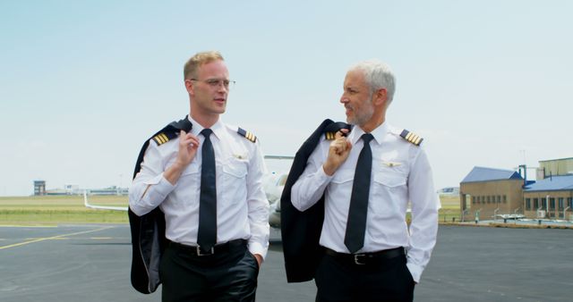 Two airline pilots in professional uniforms walking side by side on an airport tarmac. The clear sky and buildings in the background indicate a calm day. Ideal for use in advertisements for airlines, articles about aviation careers, teamwork, and professional training materials.