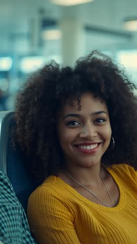 Vertical corporate interview: Young woman listening and pondering during team discussion