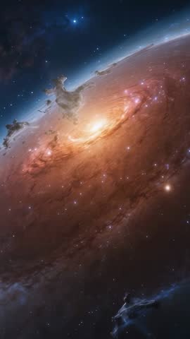 Vertical video panning across spiral galaxy core revealing glowing dust lanes and star clusters