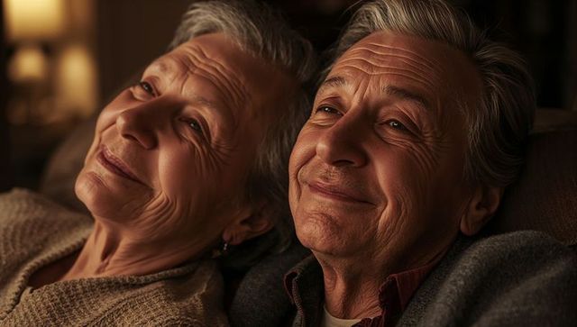 Senior couple relaxing together on sofa sharing warm light and gentle smiles