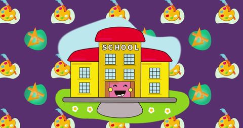 Cheerful Cartoon School Building with Happy Elements Around