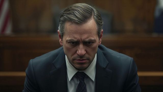 Tense lawyer contemplating verdict in courtroom, focused headshot of serious attorney