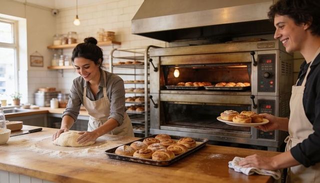 Bakers kneading dough and plating cinnamon rolls in sunlit artisanal bakery kitchen