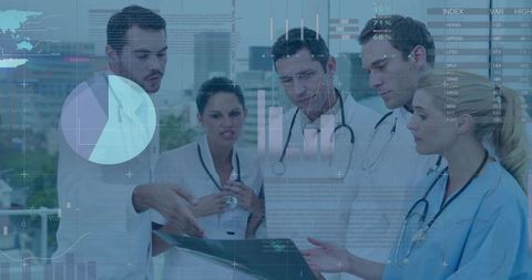 Medical Team Reviewing Digital Patient Data on Tablet with Holographic Analytics