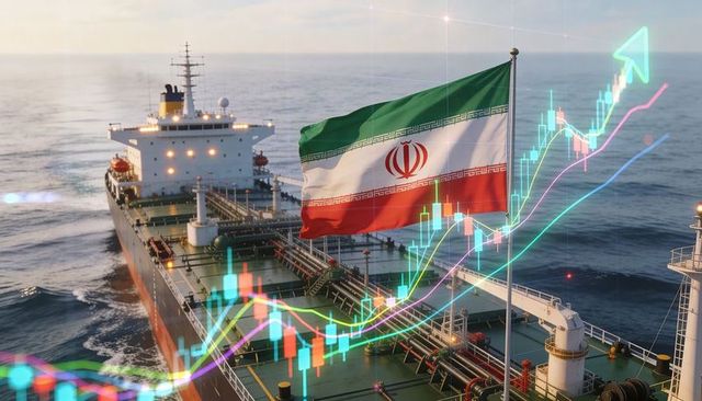 Waving iranian flag over oil tanker while financial chart showing market surge