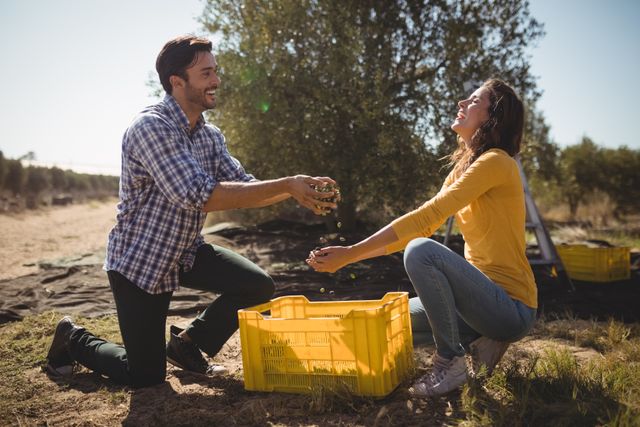 Playful young couple holding olives while kneeling at farm