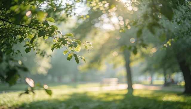 Sunlit park branch with dewy green leaves, dreamy bokeh and distant bench in morning light