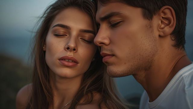 Intimate lakeside couple leaning close at dusk showing quiet romance and connection portrait