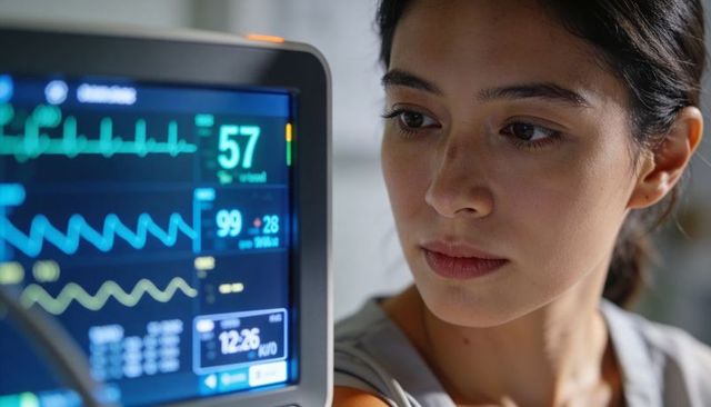 Nurse monitoring patient vital signs on cardiac monitor with ecg traces and spo2 readout