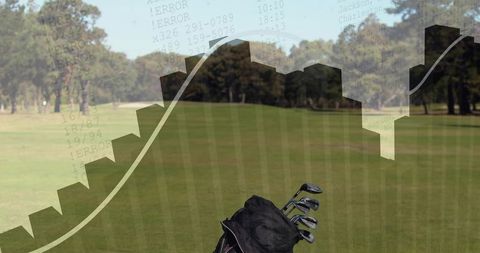 Black Golf Bag Leaning on Fairway with Data Visualization Overlay and Golf Clubs