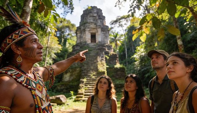 Indigenous guide pointing at ancient jungle pyramid while tourists explore rainforest ruins