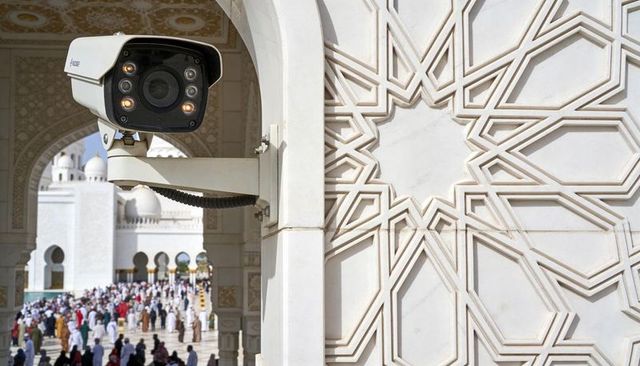 Security camera overlooking mosque courtyard, monitoring worshipper crowds and marble geometry