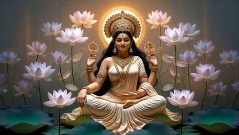 Serene hindu goddess meditating on lotus pond with glowing aura