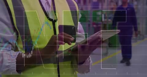 Innovative Female Technician Analyzing AI Data in Industrial Warehouse