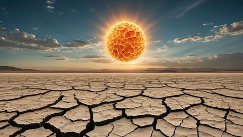 Surreal sun over cracked desert in drought-stricken fantasy sci-fi landscape