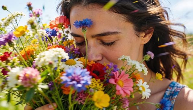 Sunlit meadow portrait: woman inhaling wildflower bouquet with windblown hair
