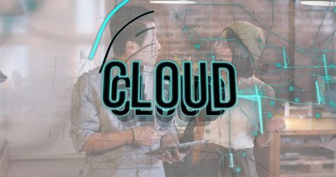 Startup team collaborating on cloud network diagram on glass board with tablet and teal overlay