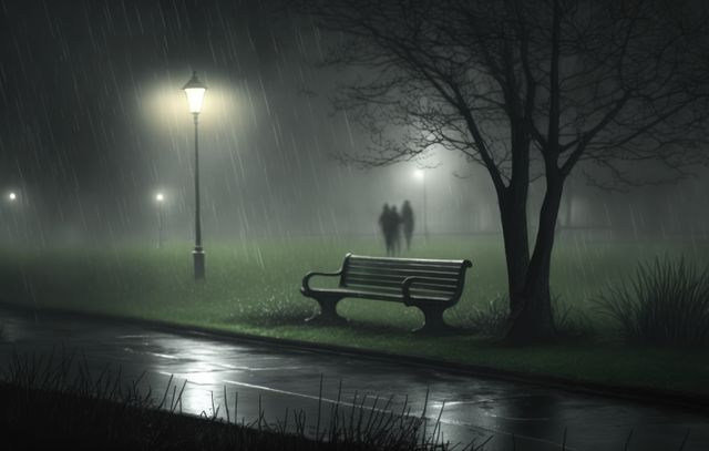 Depicts serene scene of a park during misty night with a bench under a streetlamp. Blurred figures walking in distance create tranquil, eerie atmosphere. Suitable for themes of solitude, urban landscape, mystery, calmness, and night scenery.