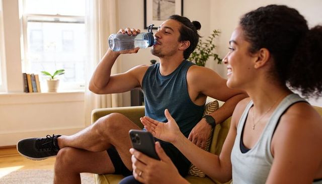 Couple enjoying post-workout hydration on couch, drinking water and chatting at home