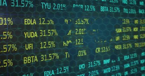 Futuristic financial data display showing stock tickers and figures over hex grid