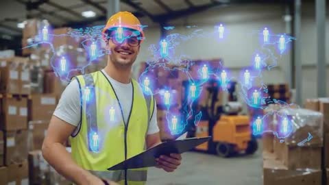 Warehouse Worker with Digital Network Overlay Hologram